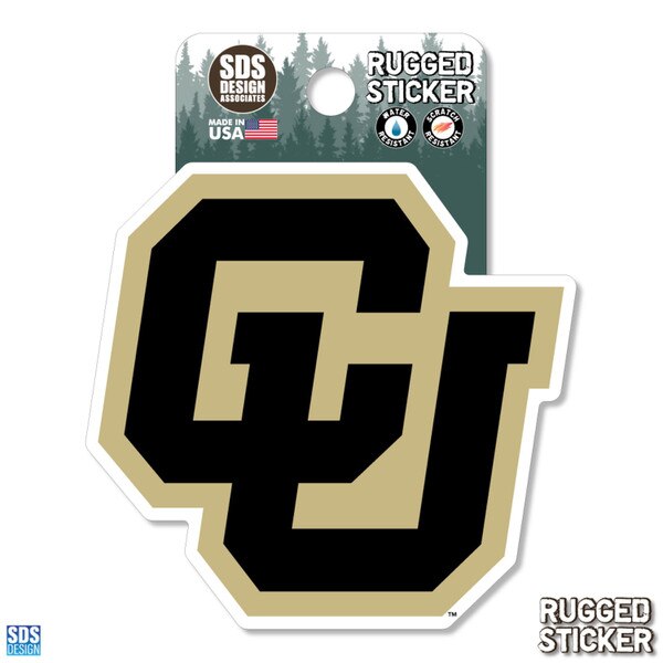 Rugged sticker featuring the University of Colorado interlocking CU logo in black with a gold outline.